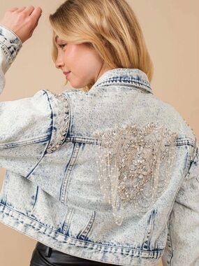 Blue B Embellished Denim Jacket Crystal Pearl Fringe Cropped Jacket NWT Small